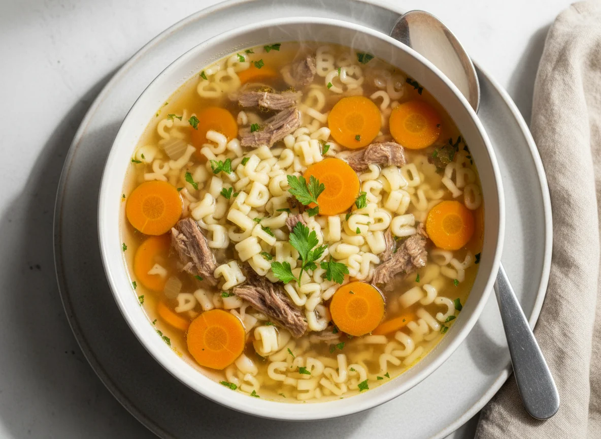 Buchstabensuppe mit Rindfleisch und Karotten photo