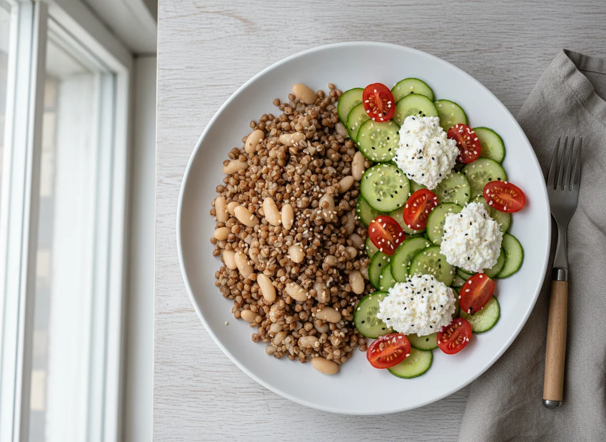 Buchweizen mit Bohnen und Salat mit Hüttenkäse photo