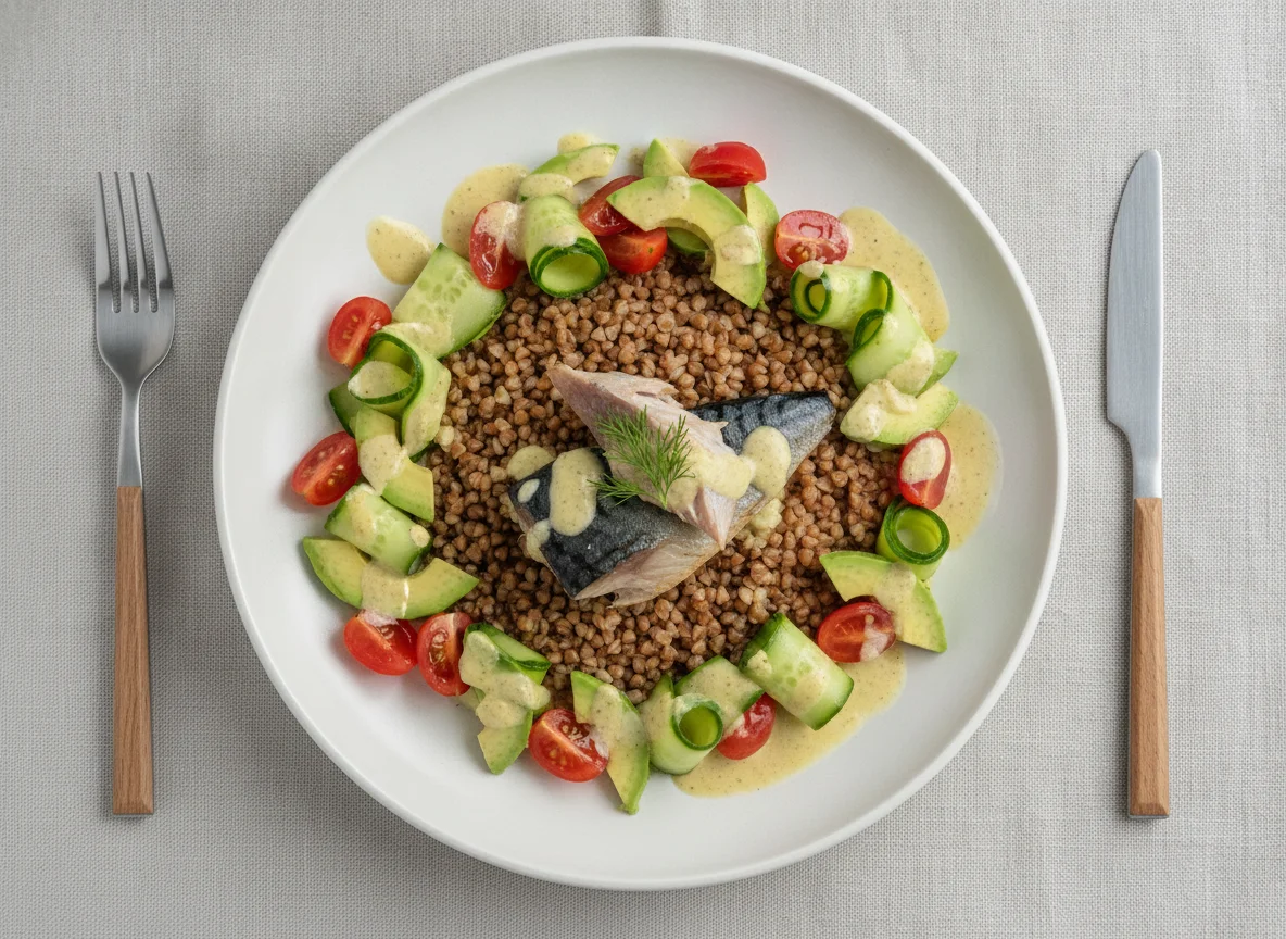 Buchweizen mit Fisch und Gemüsesalat photo