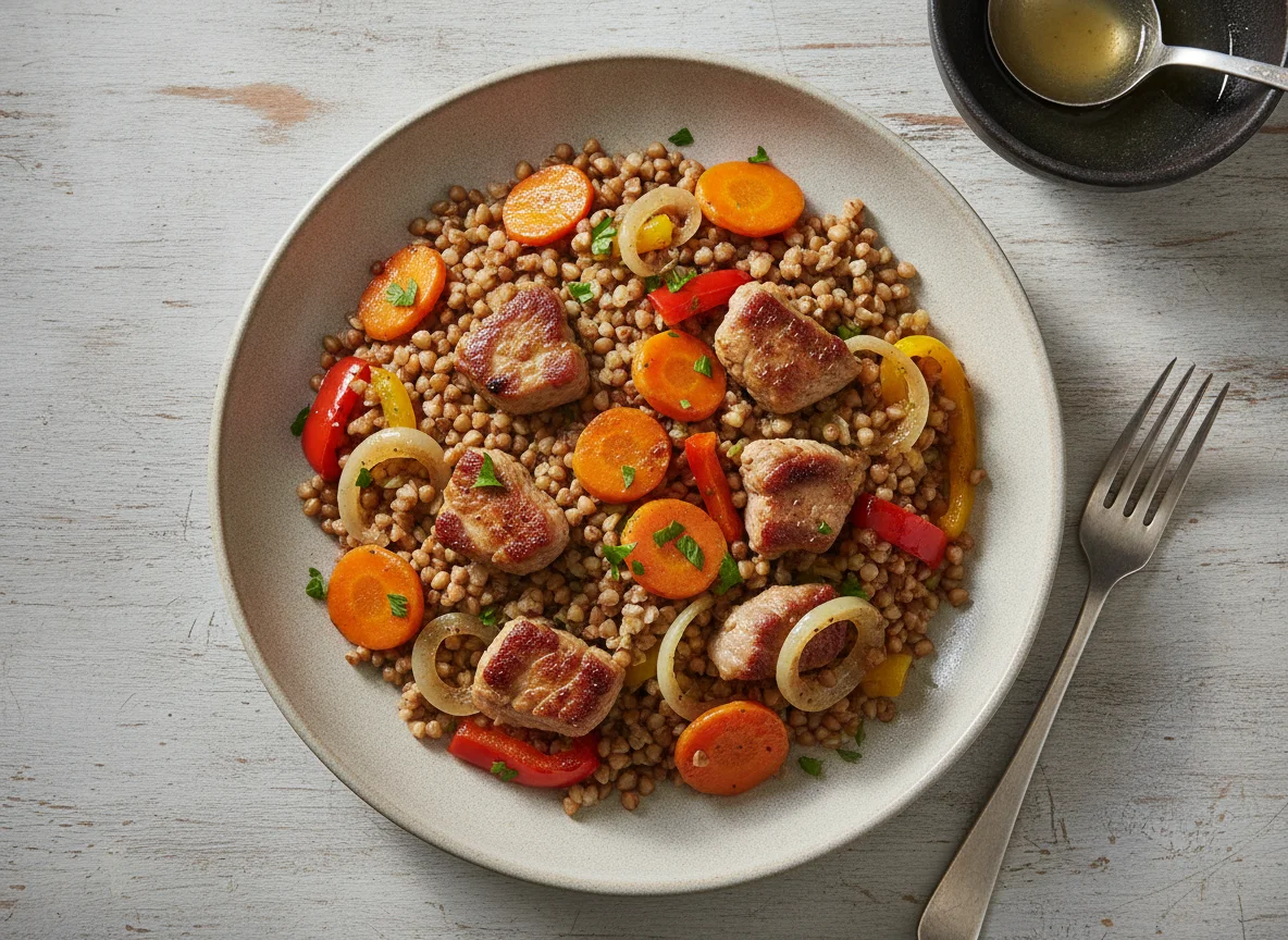 Buchweizen mit Fleisch und Gemüse photo