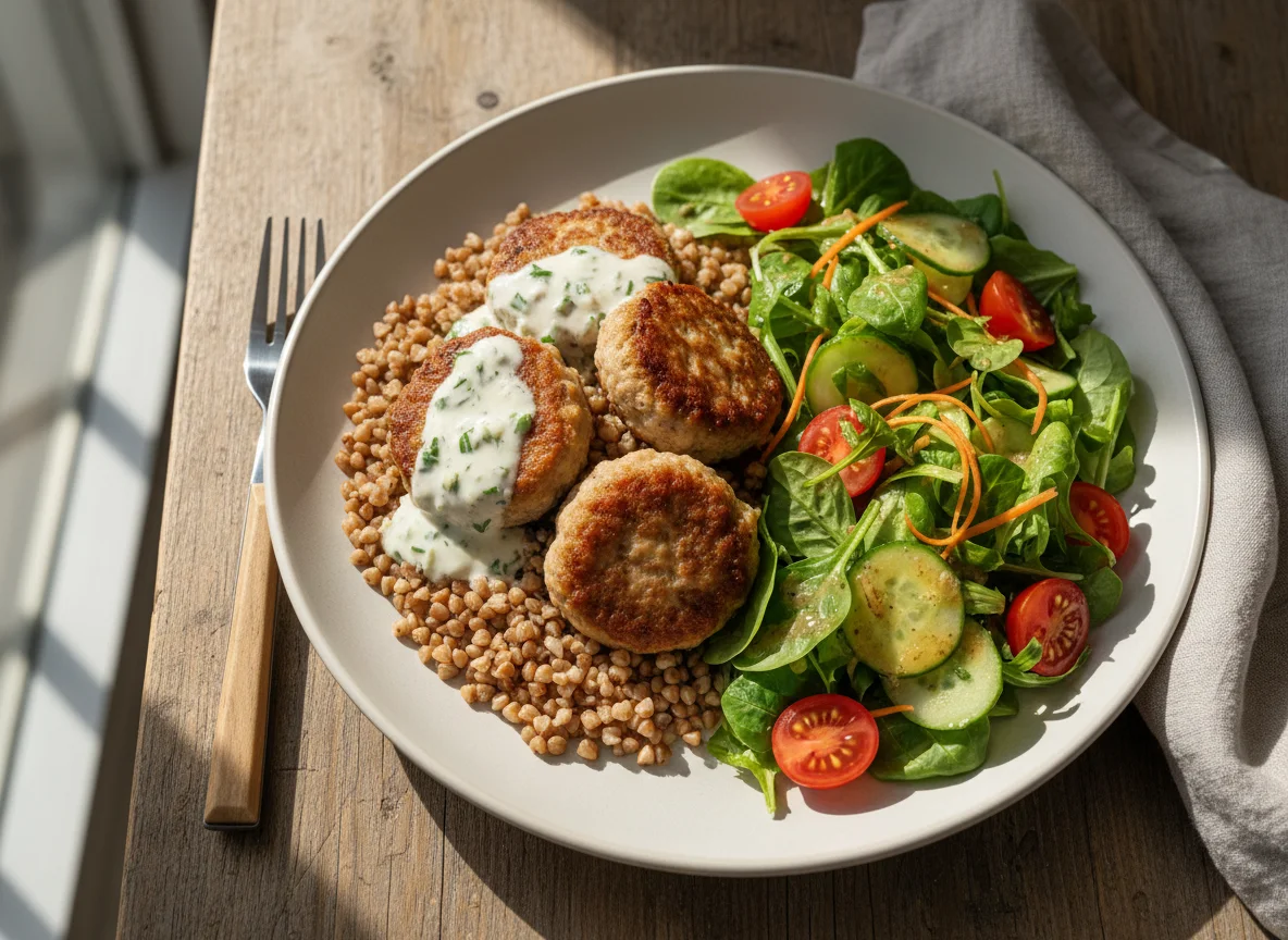 Buchweizen mit Frikadellen und Salat photo
