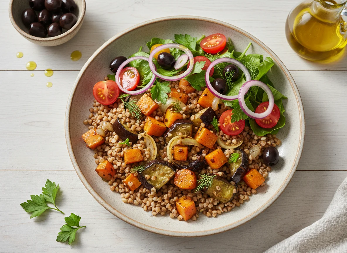 Buchweizen mit Gemüse und Salat photo