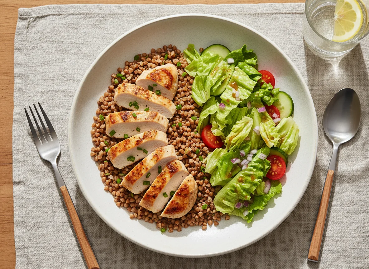 Buchweizen mit Hähnchen und Salat photo
