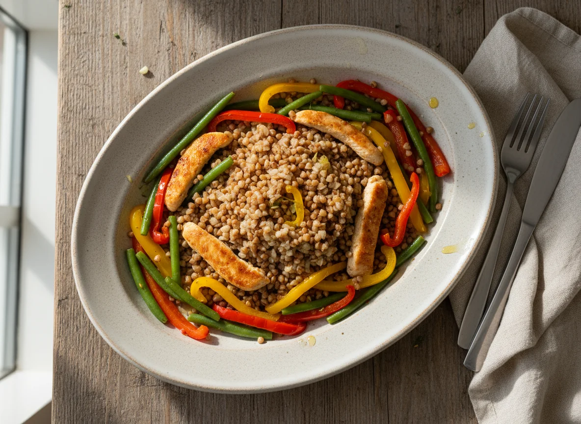 Buchweizen mit Huhn und Gemüse photo