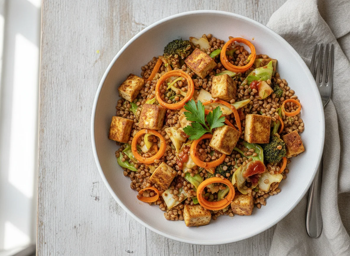 Buchweizenpfanne mit Gemüse und Tofu photo