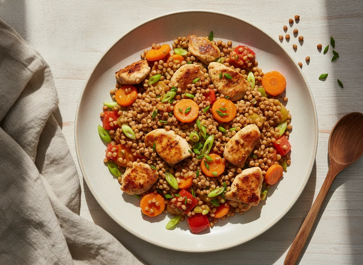 Buchweizenpfanne mit Hähnchen und Gemüse photo