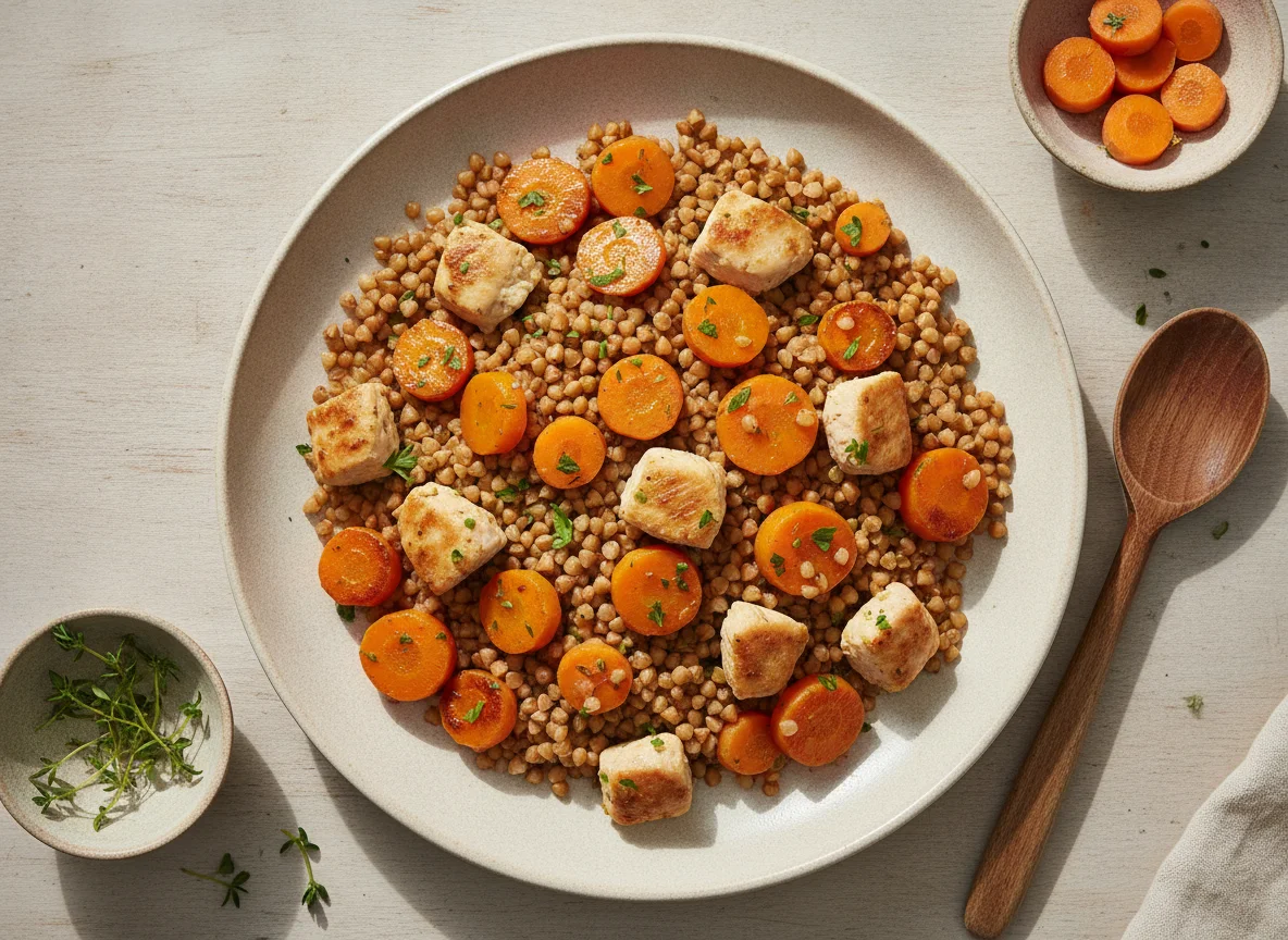 Buchweizenpfanne mit Hähnchen und Karotten photo