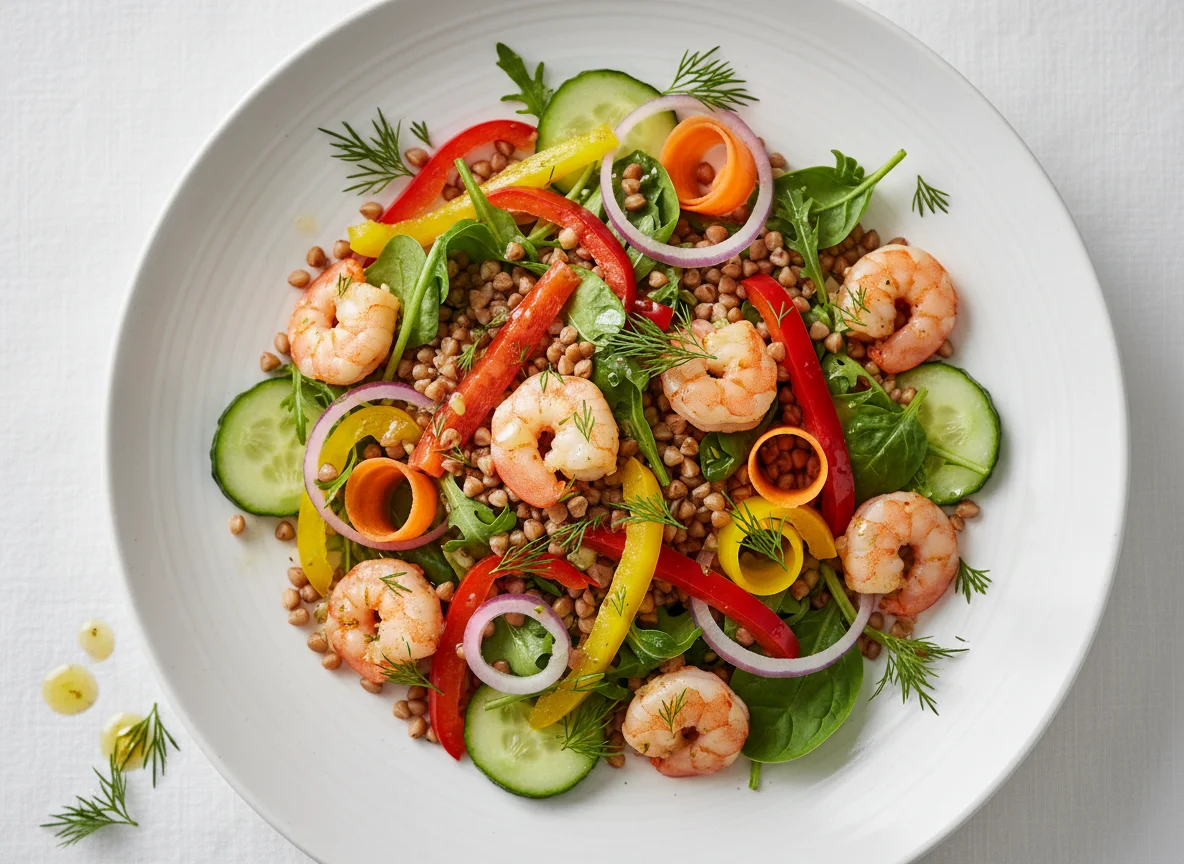 Buchweizen-Salat mit Garnelen und Gemüse photo