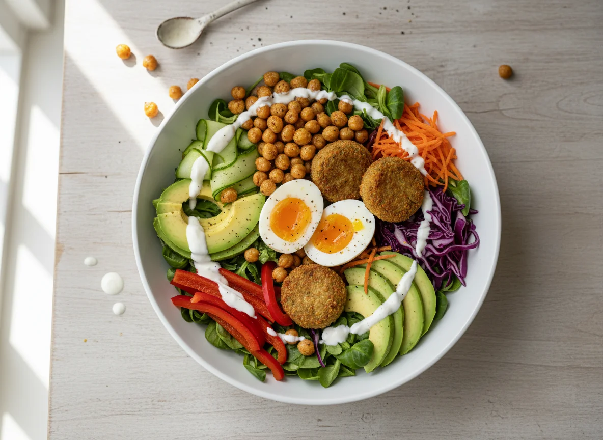 Buddha Bowl mit Falafel, Ei und Kichererbsen photo