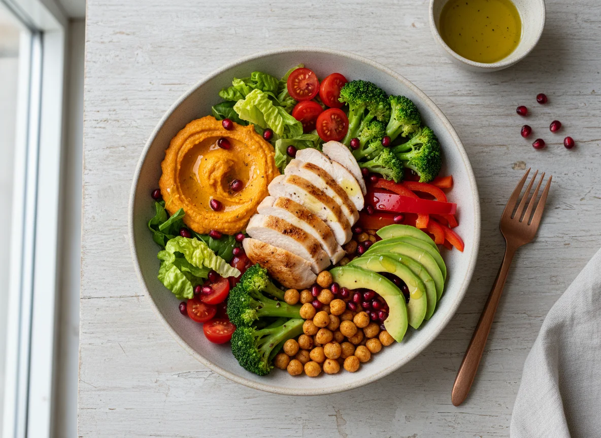 Buddha Bowl mit Hähnchen und Hummus photo