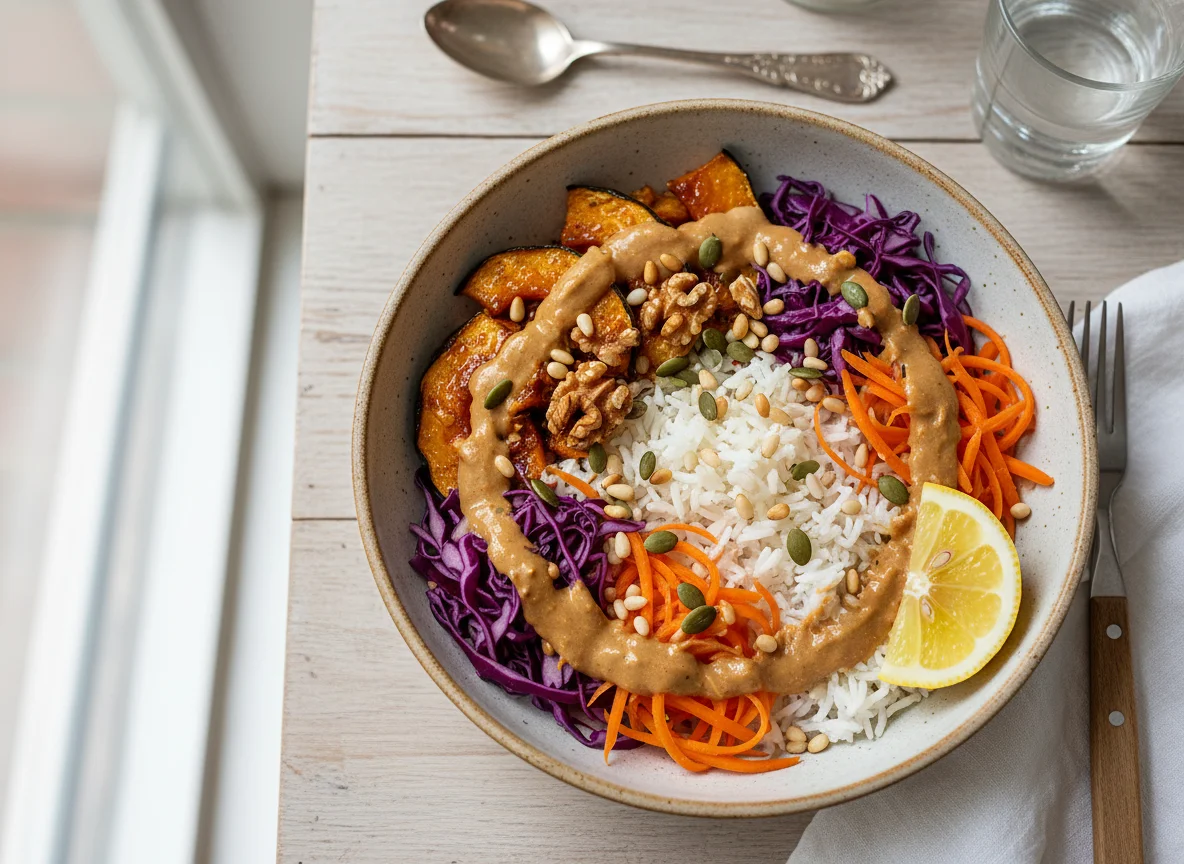 Buddha Bowl mit Rotkohl und Erdnusssauce photo