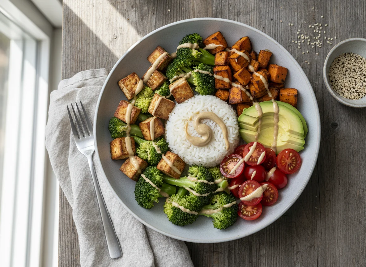 Buddha Bowl mit Tofu, Brokkoli und Reis photo