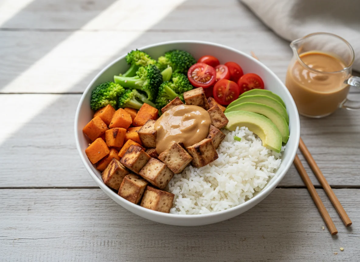 Buddha Bowl mit Tofu, Reis und Erdnusssauce photo