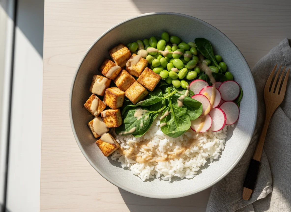 Buddha Bowl mit Tofu und Edamame photo