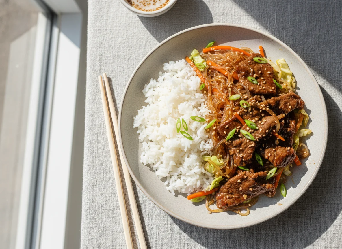 Bulgogi mit Reis und Glasnudeln photo