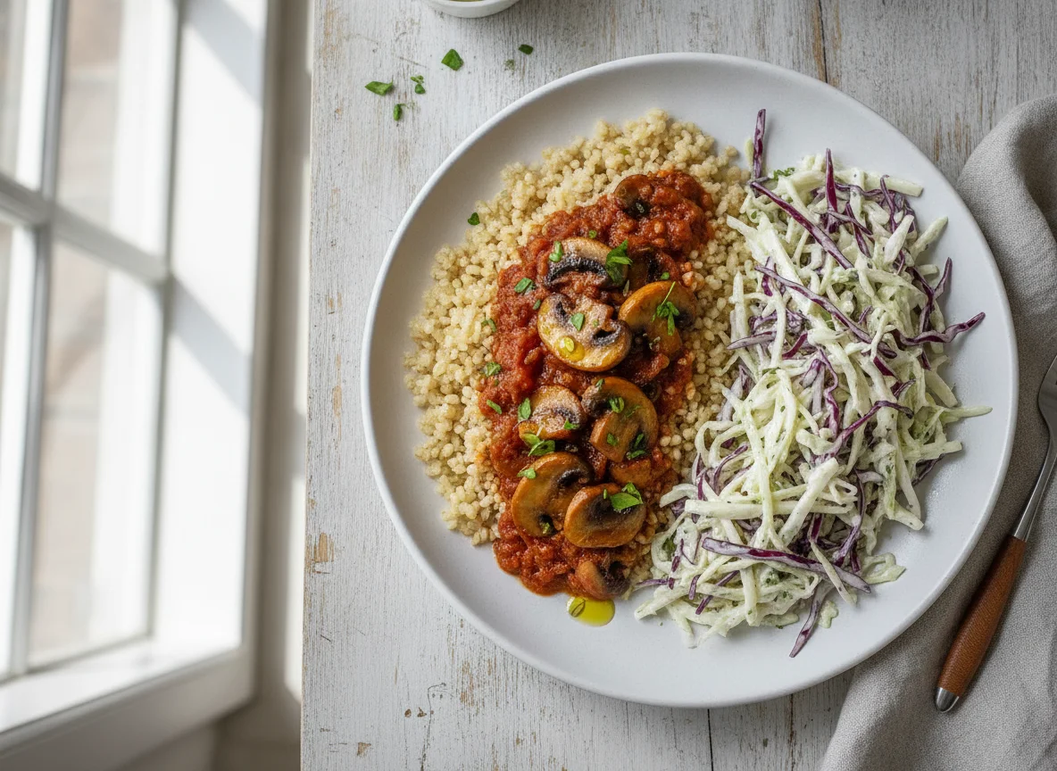 Bulgur mit gebratenen Champignons und Krautsalat photo