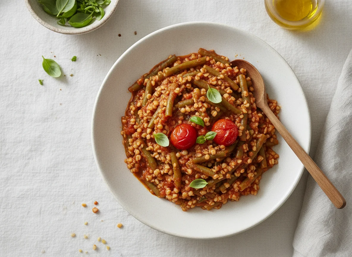 Bulgur mit grünen Bohnen in Tomatensauce photo
