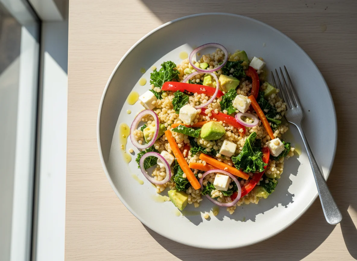 Bulgur mit Mozzarella, Karotten, Federkohl, Peperoni, Avocado und Zwiebel photo