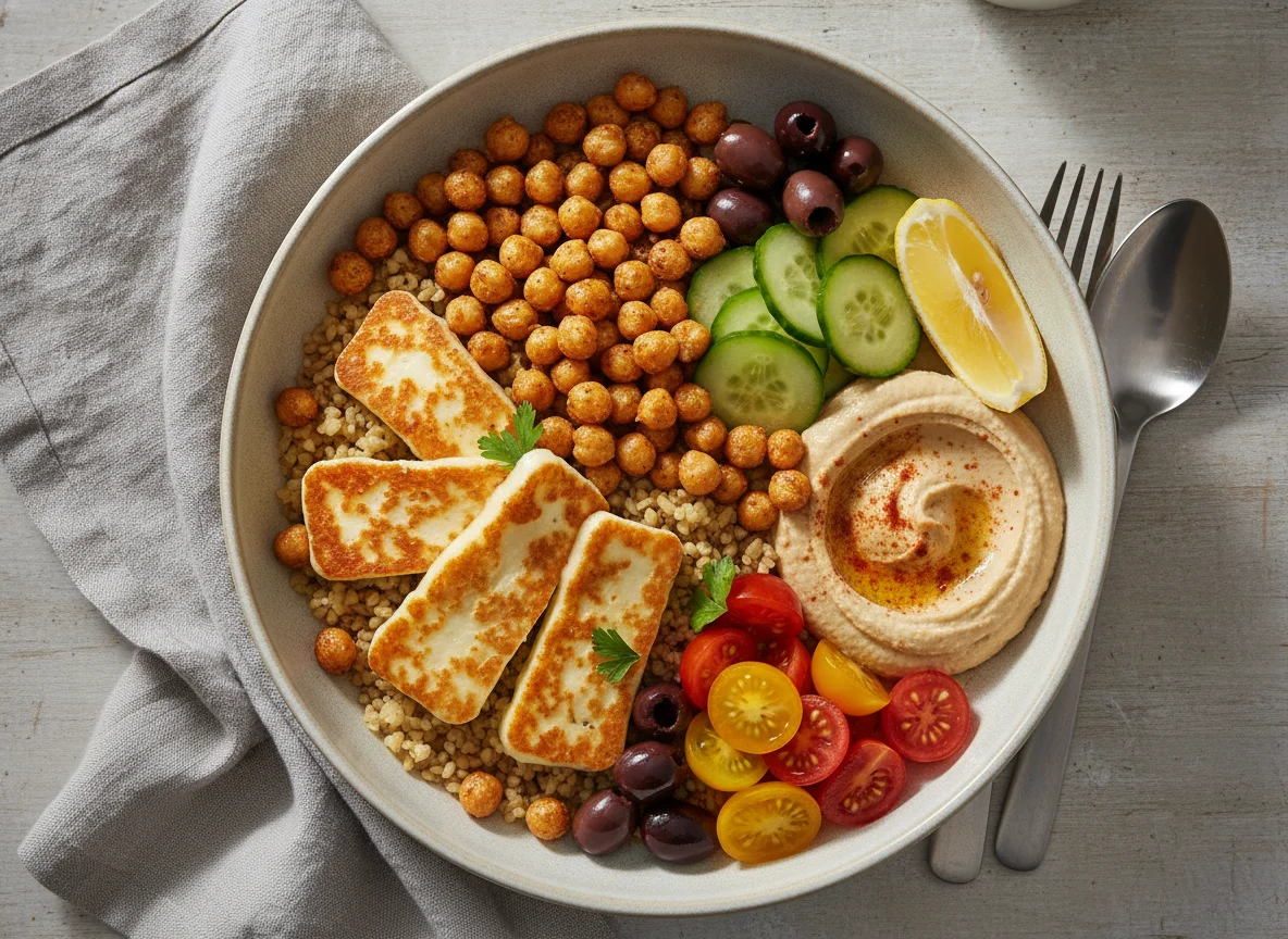 Bulgur-Bowl mit Halloumi und Kichererbsen photo