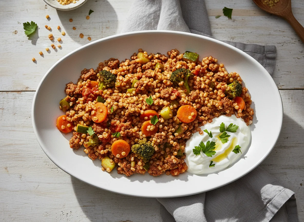 Bulgur-Pfanne mit Hackfleisch und Gemüse photo