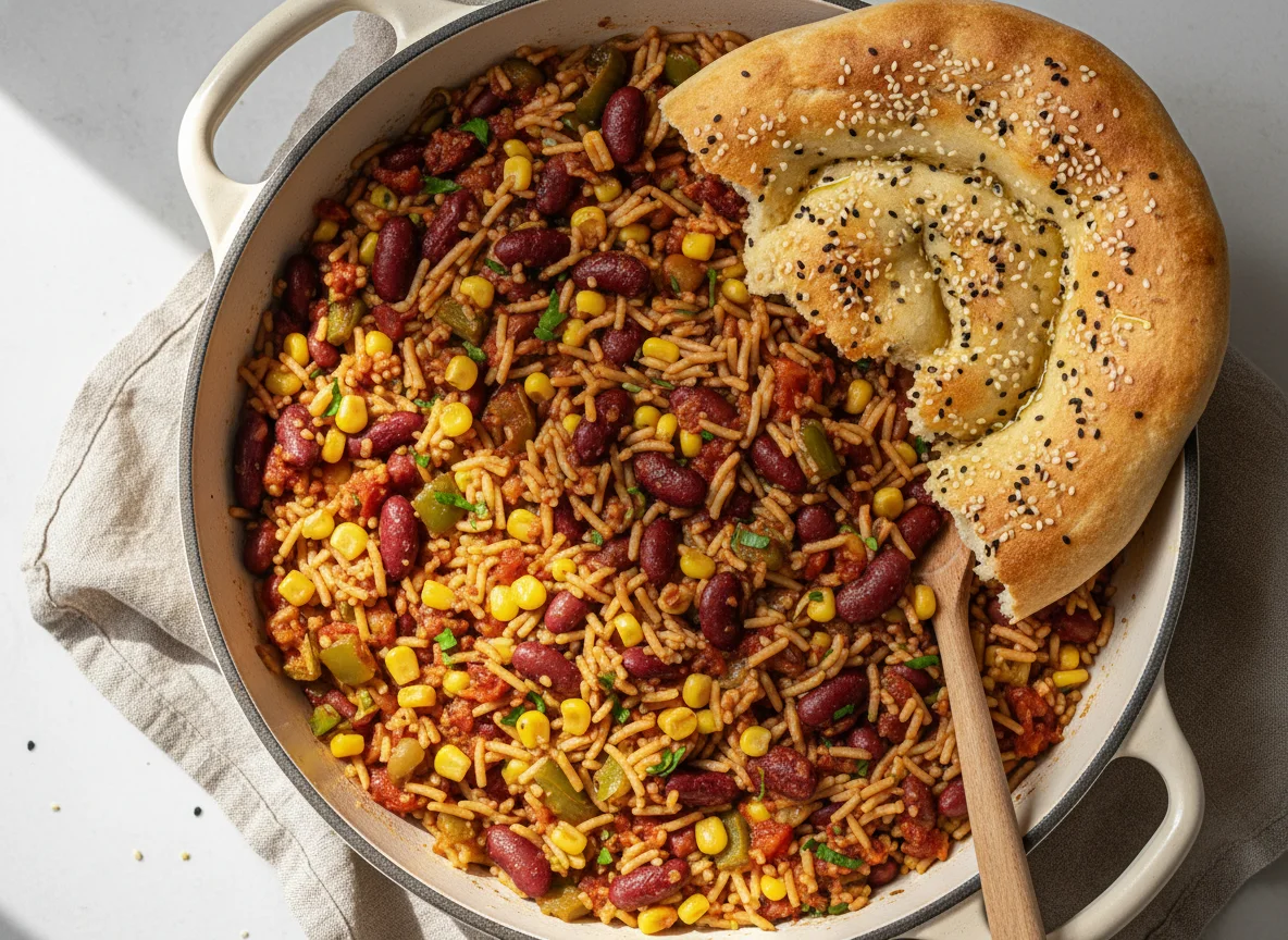 Bulgur-Reis-Pfanne mit Fladenbrot photo
