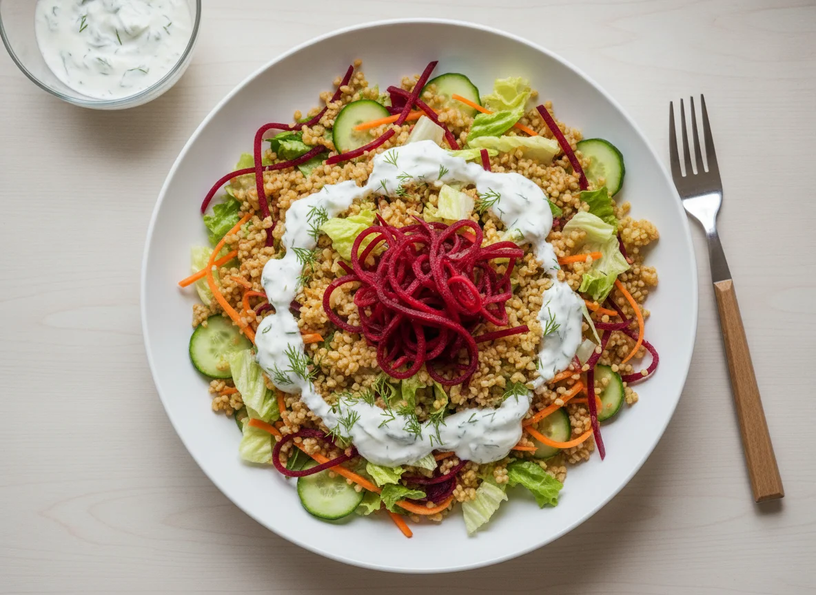 Bulgur-Salat mit gemischtem Salat und Dressing photo