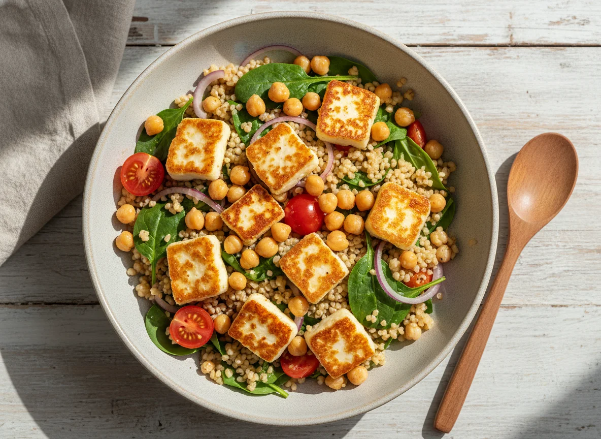 Bulgur-Schale mit Halloumi und Kichererbsen photo