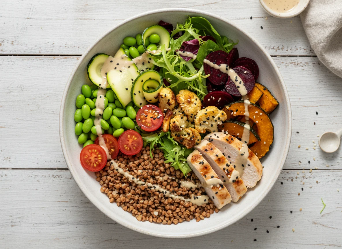 Bunte Bowl mit Buchweizen und Gemüse photo