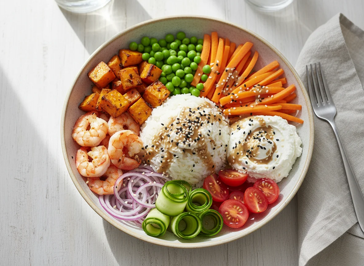 Bunte Bowl mit Garnelen und Süßkartoffel photo