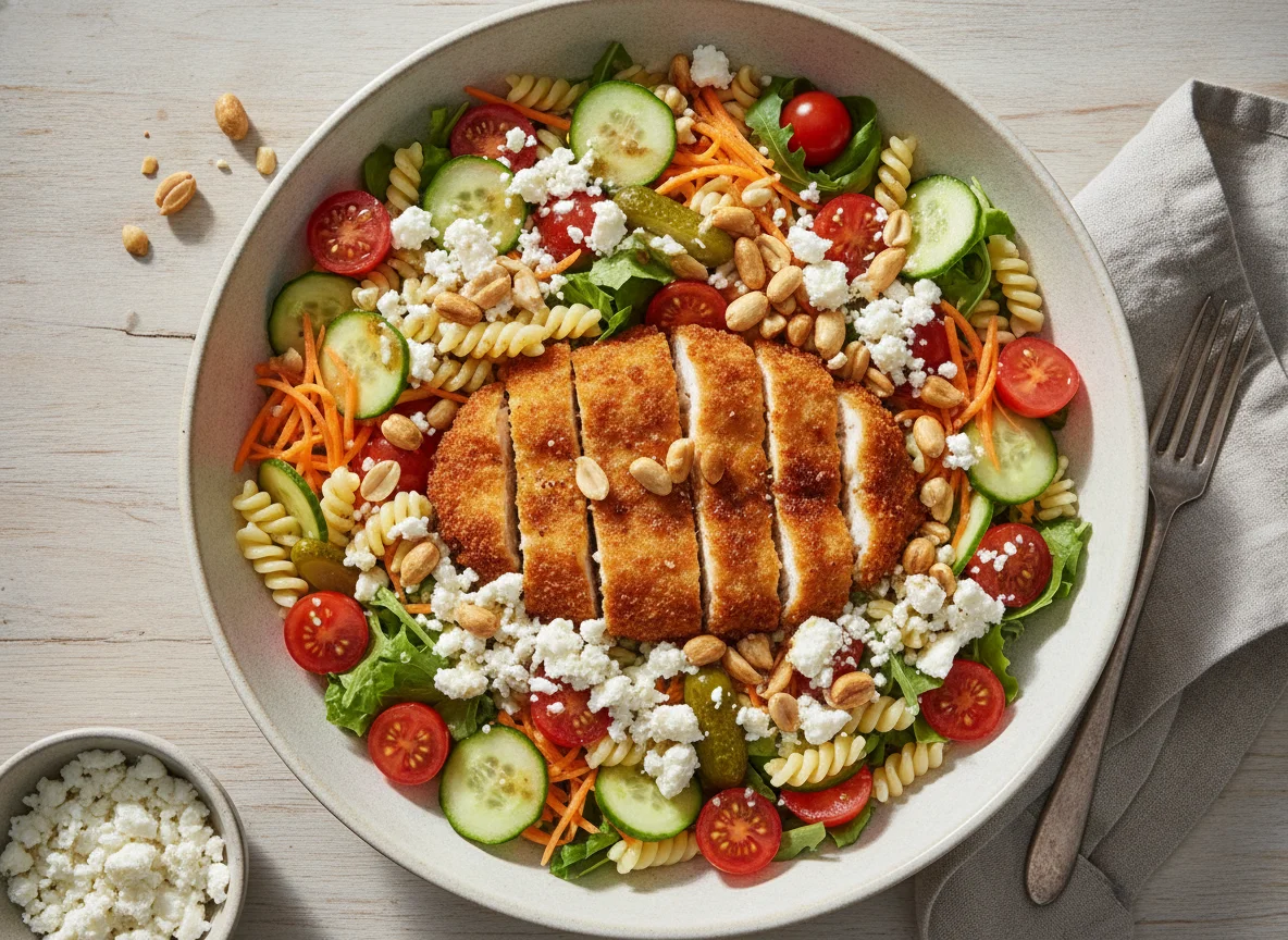 Bunte Bowl mit Hähnchen, Feta und Erdnüssen photo