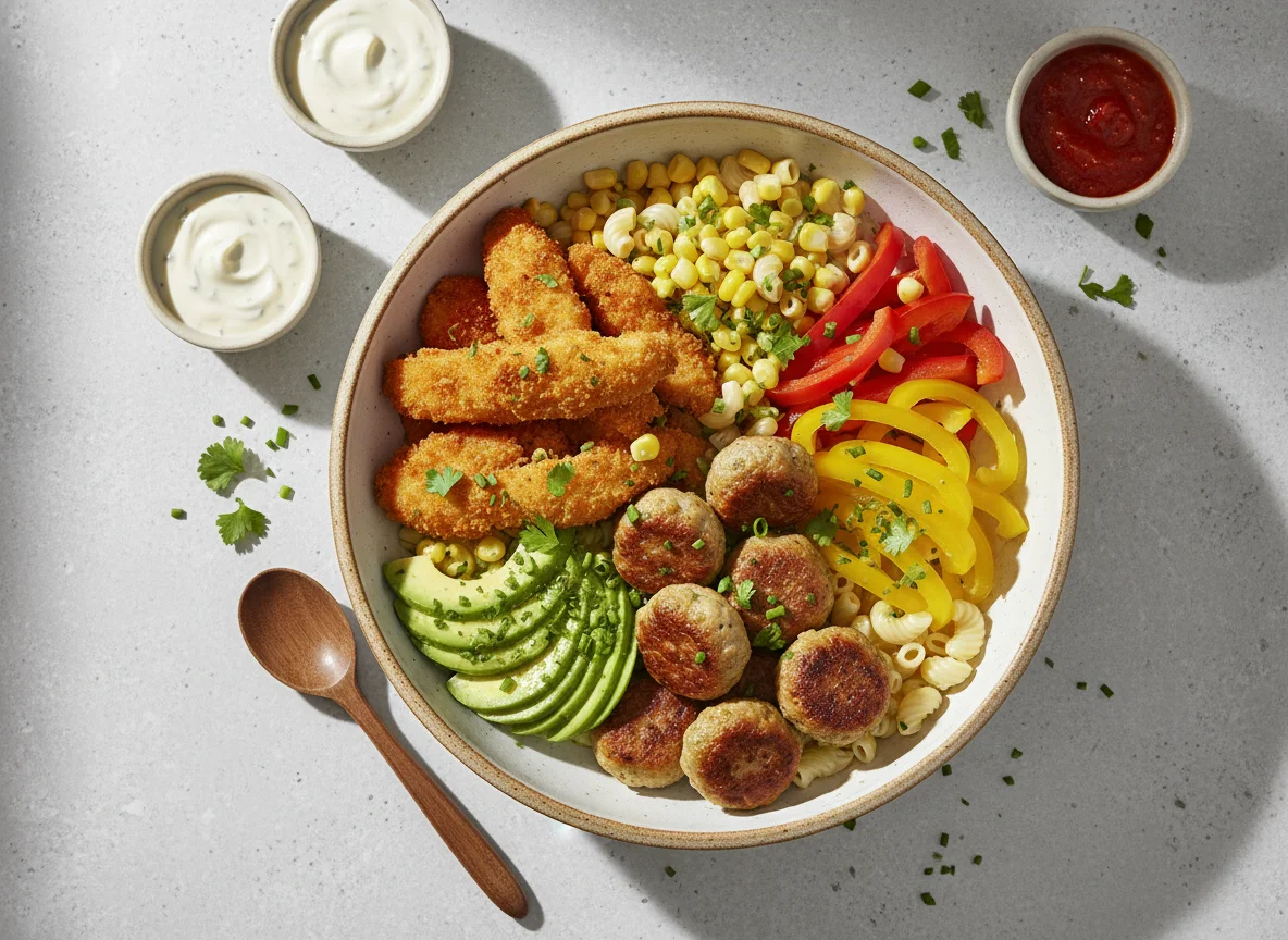 Bunte Bowl mit Hähnchen und Frikadellen photo