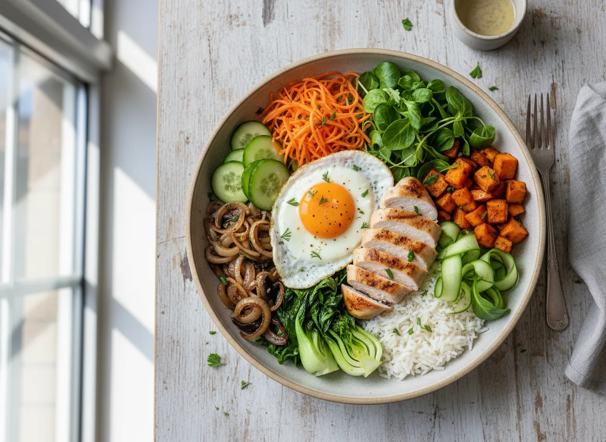 Bunte Bowl mit Huhn und Ei photo