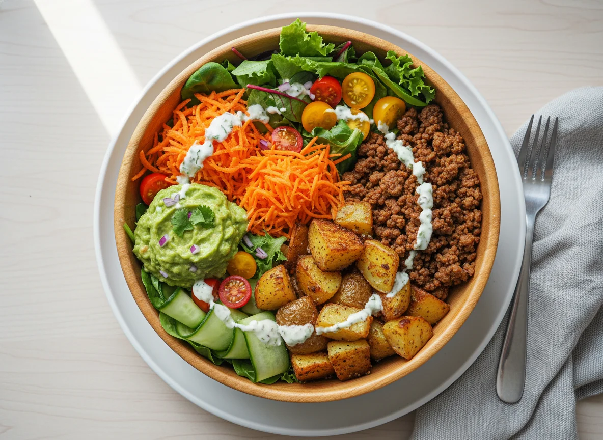 Bunte Bowl mit Kartoffeln, Hackfleisch und Guacamole photo