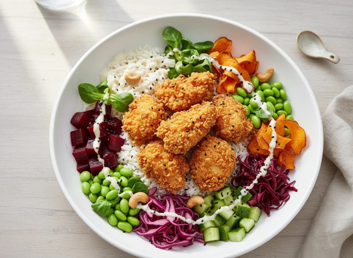 Bunte Bowl mit knusprigem Hähnchen photo