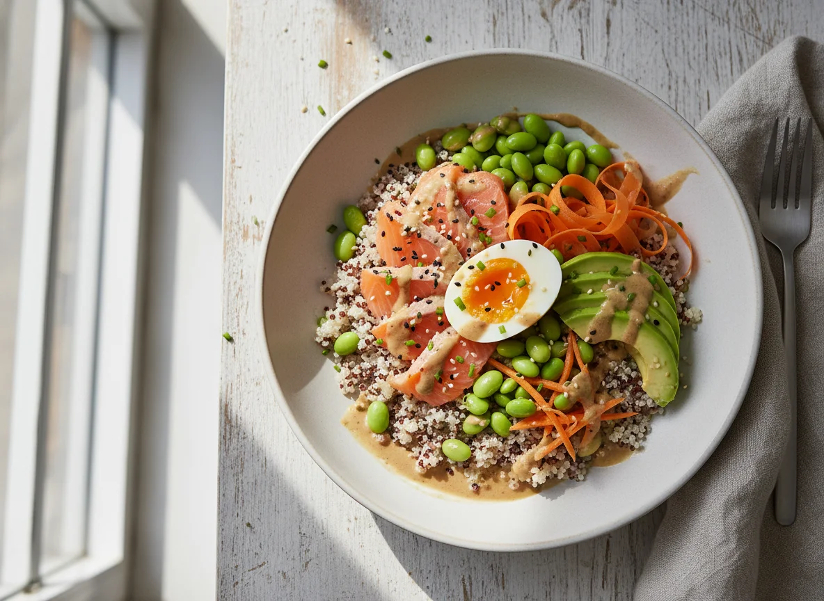 Bunte Bowl mit Lachs und Ei photo