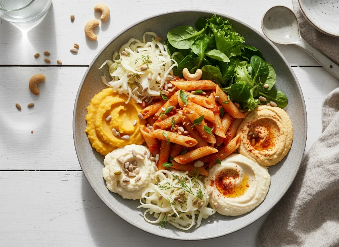 Bunte Bowl mit Pasta, Hummus und Gemüse photo