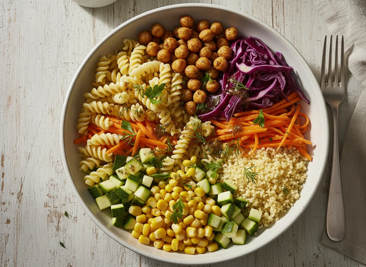 Bunte Bowl mit Pasta und Kichererbsen photo