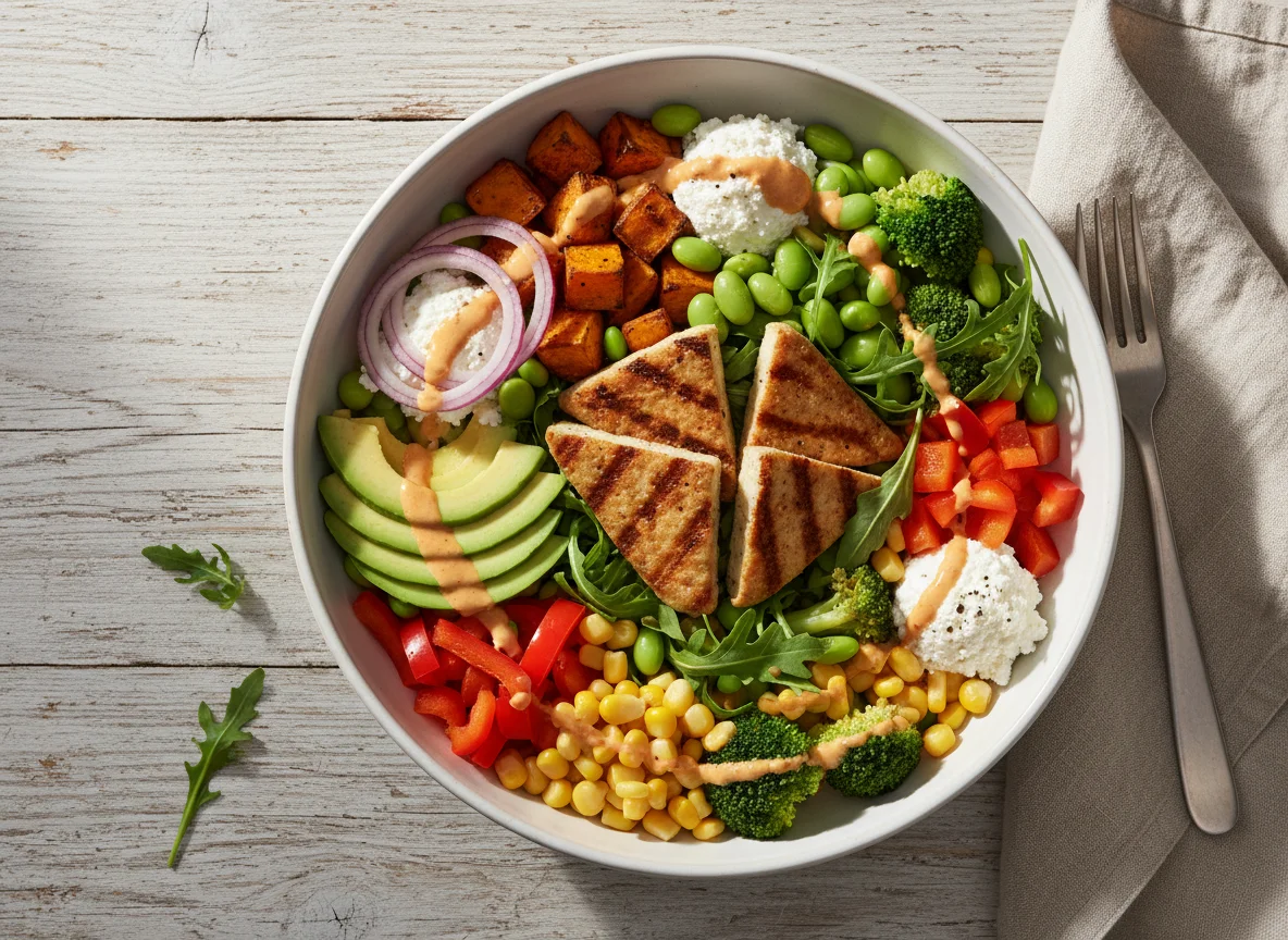 Bunte Bowl mit Süßkartoffel und Tofu photo