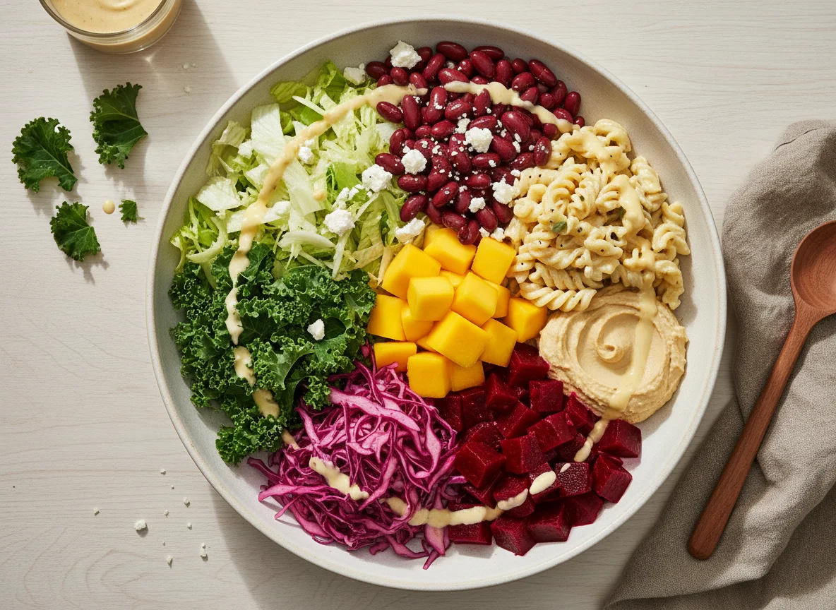 Bunte Bowl mit verschiedenen Salaten und Beilagen photo