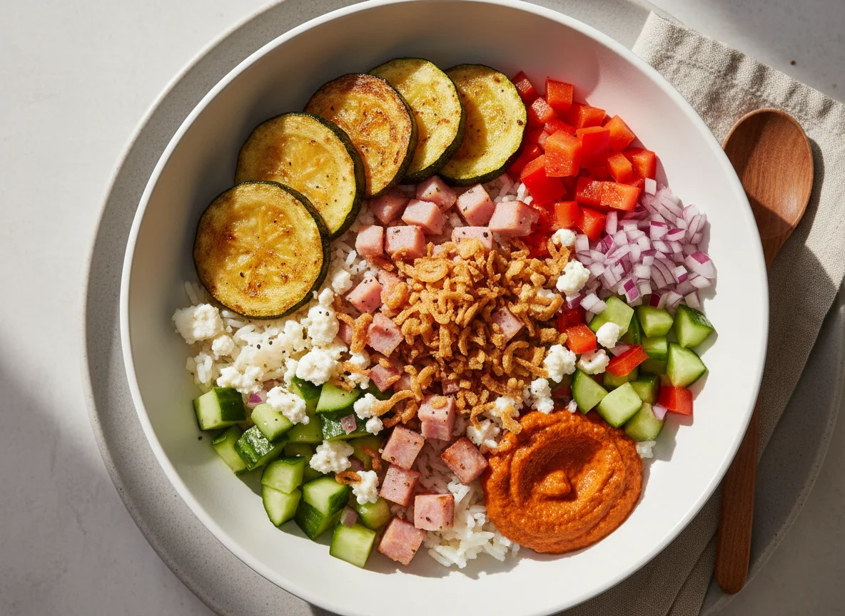 Bunte Bowl mit Zucchini und Schinken photo