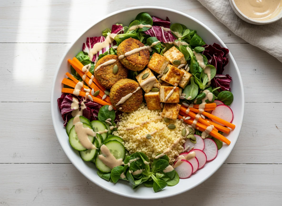 Bunte Buddha Bowl mit Falafel und Tofu photo