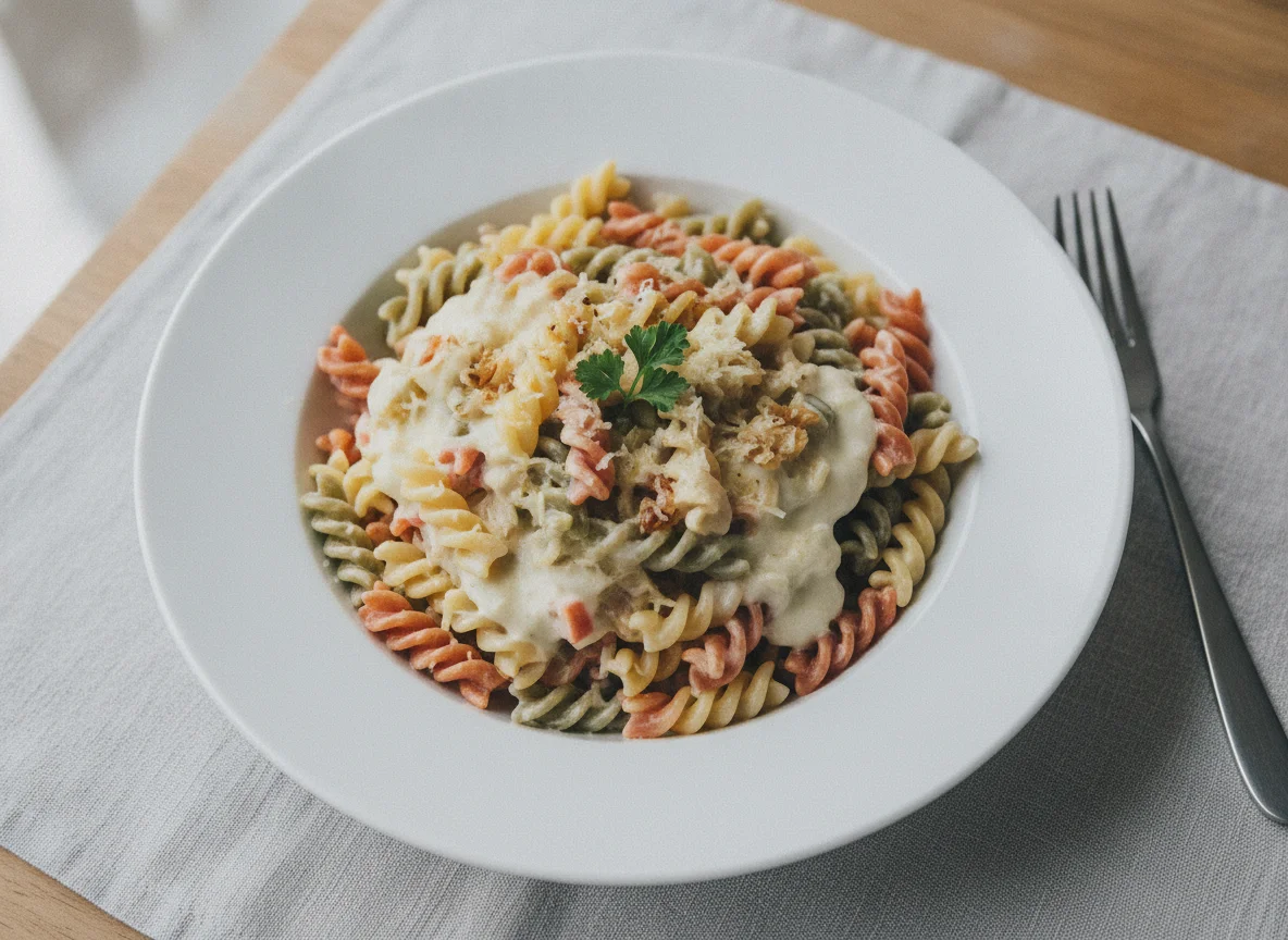 Bunte Fusilli mit Sahnesauce photo