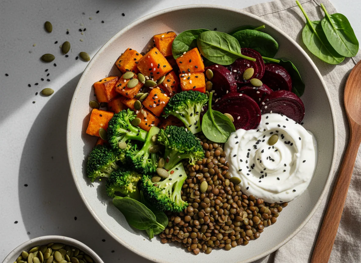 Bunte Gemüse-Bowl mit Linsen und Dip photo