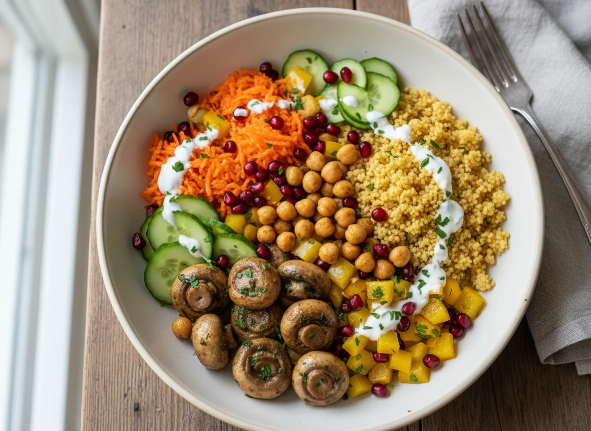 Bunte Pilz-Bowl mit Couscous und Gemüse photo