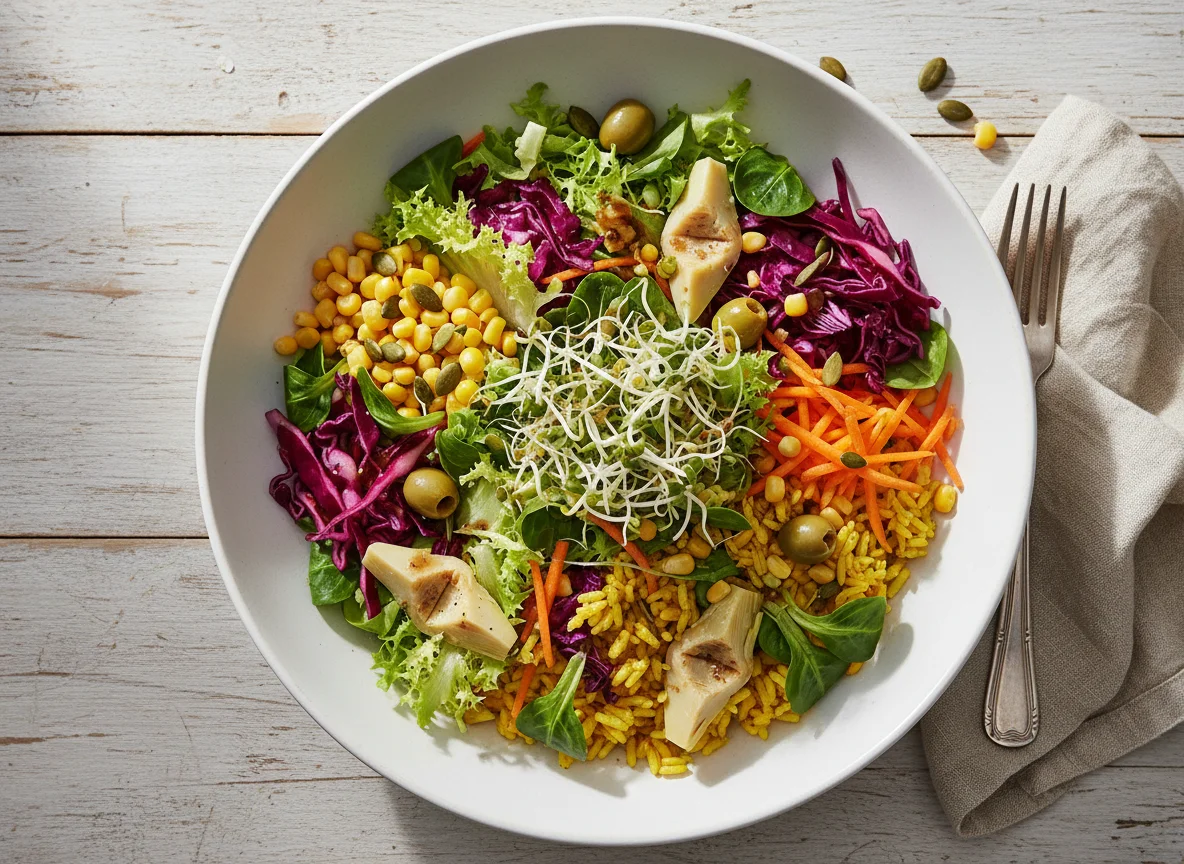 Bunte Salat Bowl mit Reis und Artischocken photo