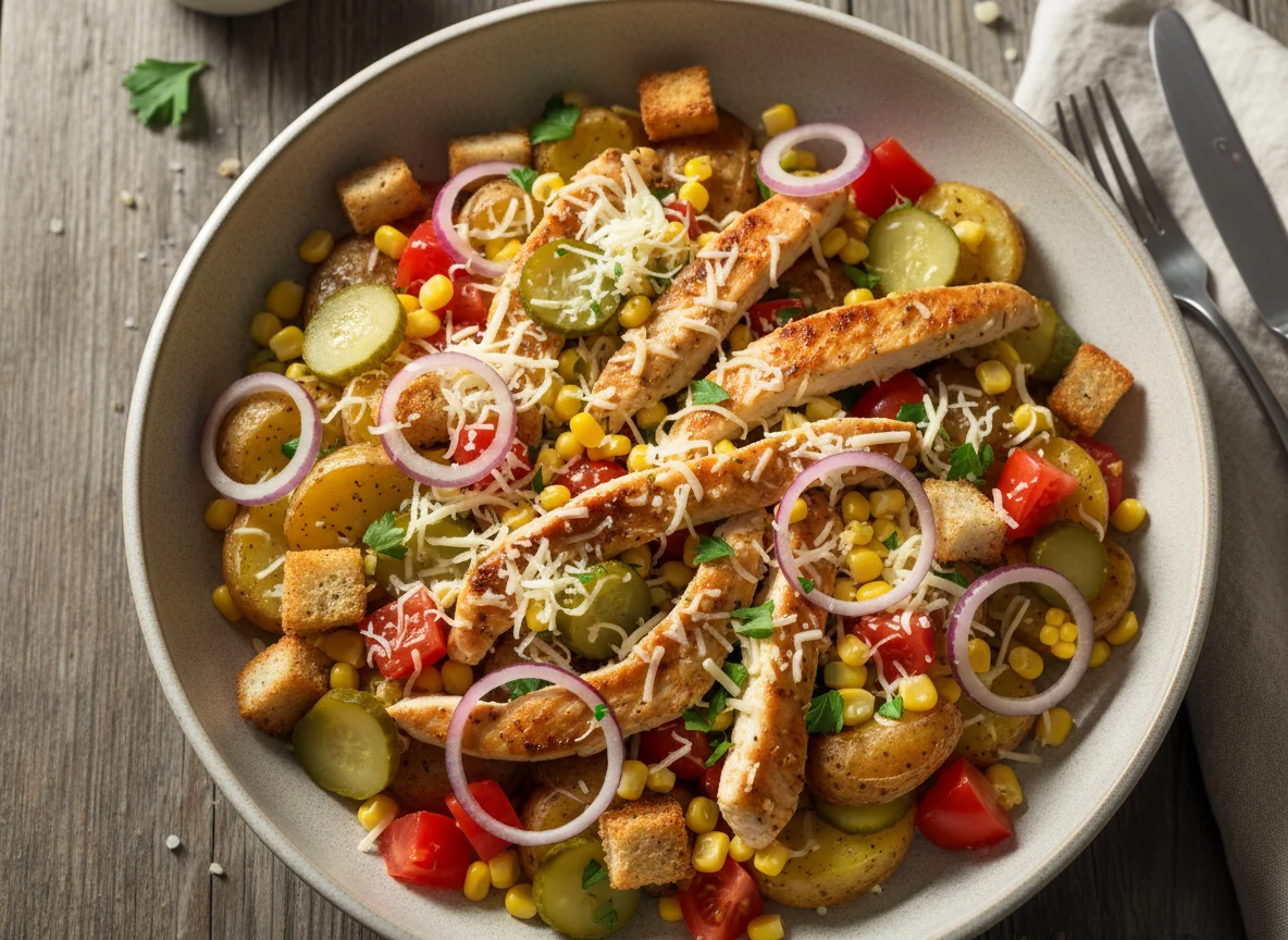 Bunte Schüssel mit Hähnchen und Kartoffeln photo