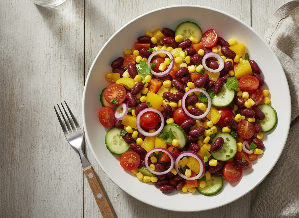 Bunter Gemüsesalat mit Kidneybohnen und Mais photo