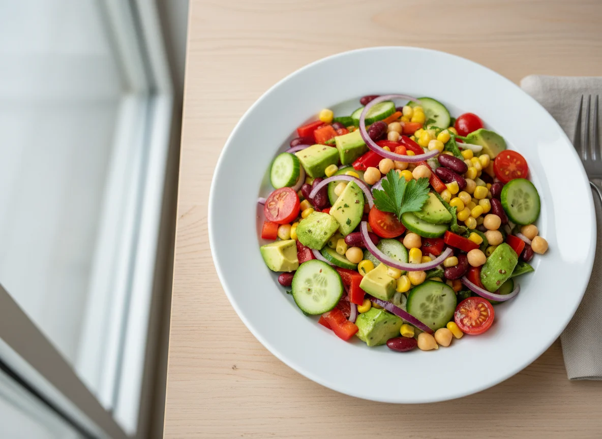 Bunter Salat mit Avocado und Hülsenfrüchten photo