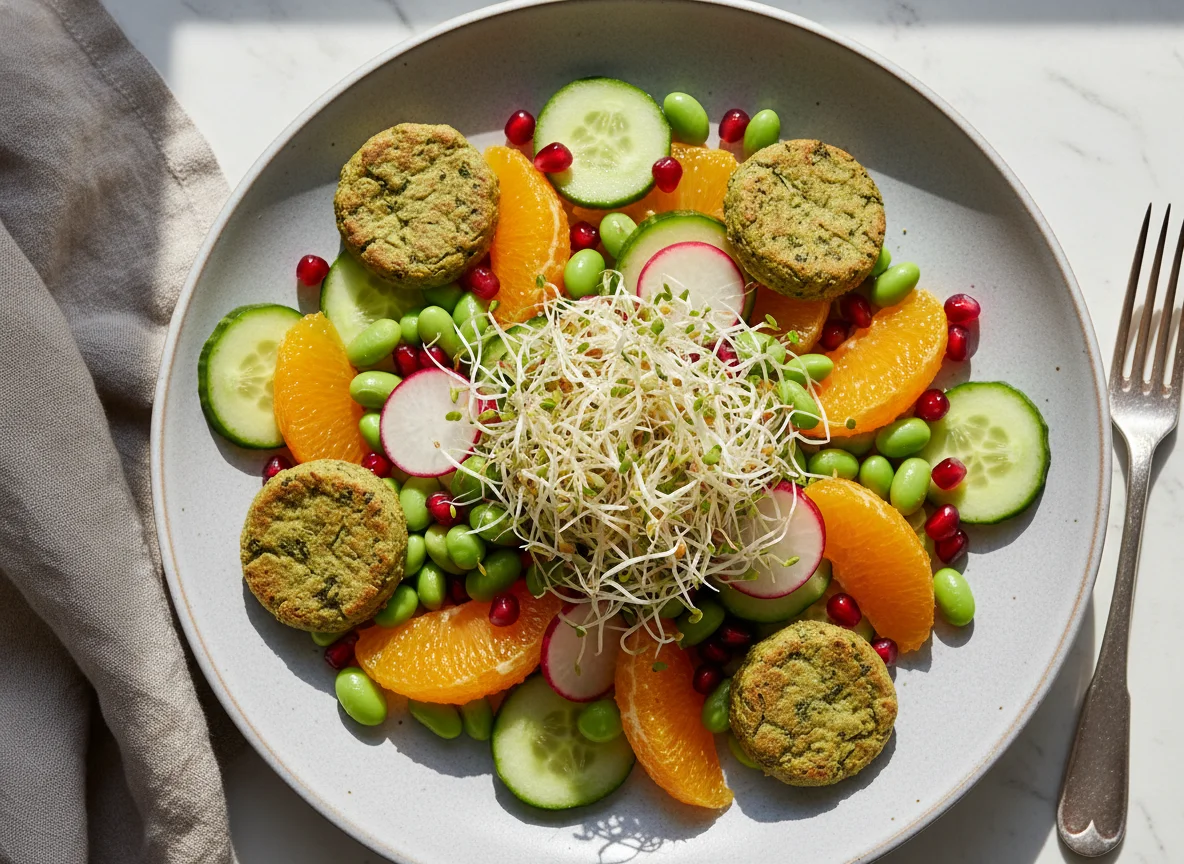 Bunter Salat mit Edamame, Orangen und Sprossen photo