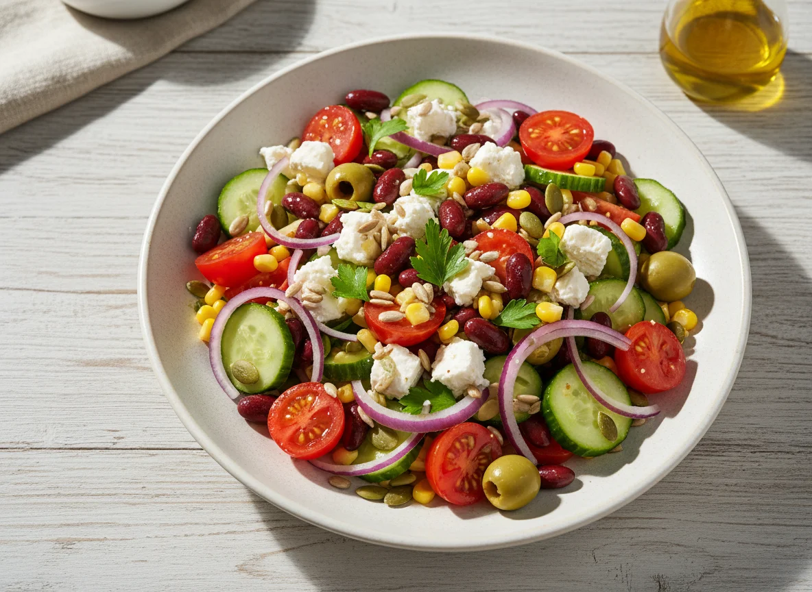 Bunter Salat mit Feta und Kernen photo